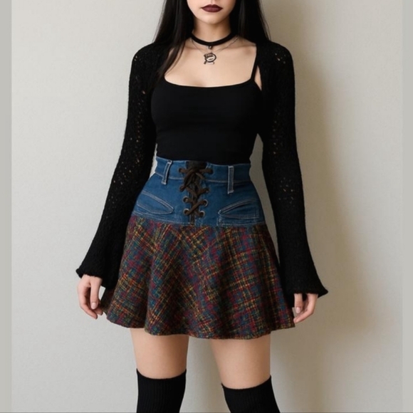 Vintage Dresses & Skirts - Y2K Mall Goth Punk Grunge Denim And Plaid Tweed Corset Waist Miniskirt Medium
